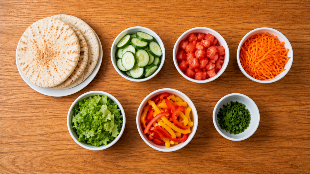 Fresh vegetables including lettuce, cucumbers, tomatoes, carrots, and pita bread arranged on a wooden countertop.