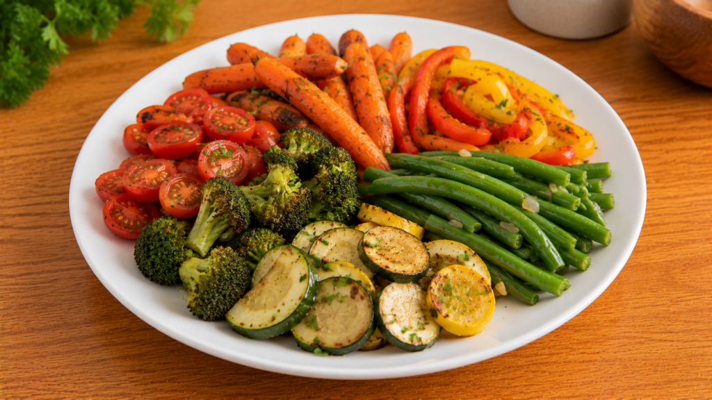 Colorful vegetables arranged on a plate with herbs, seasonings, and simple toppings on a wooden countertop.
