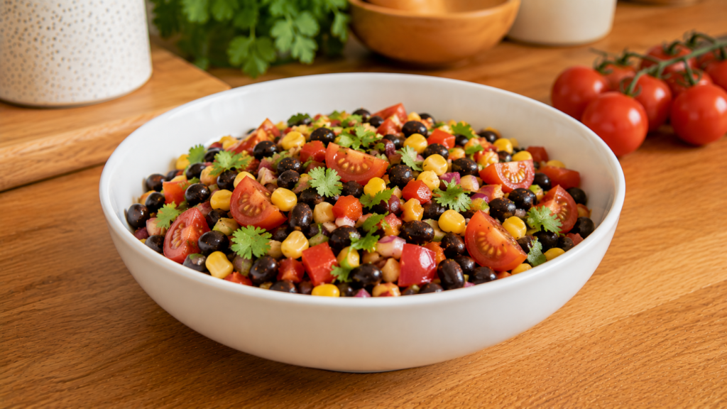 Black bean and corn lunch bowl with black beans, corn, bell peppers, tomatoes, and fresh herbs in a white bowl on a wooden countertop.
