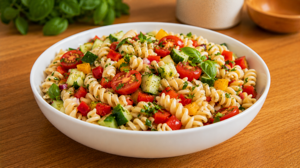 Cool pasta salad with fresh herbs, colorful vegetables, and pasta in a white bowl on a wooden countertop.