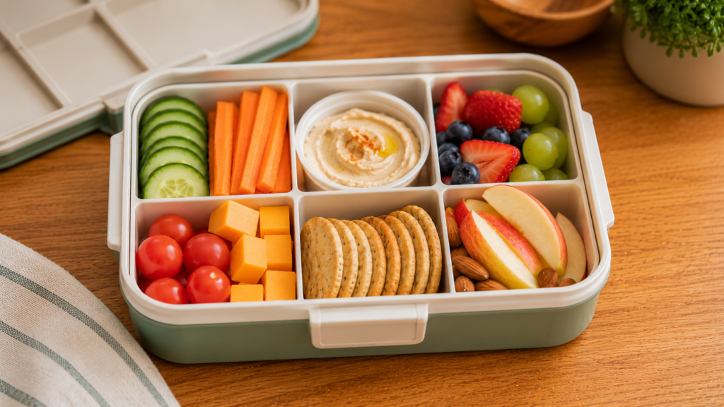 Easy bento lunch box filled with colorful vegetables, fruit, crackers, and simple lunch items arranged in separate compartments.