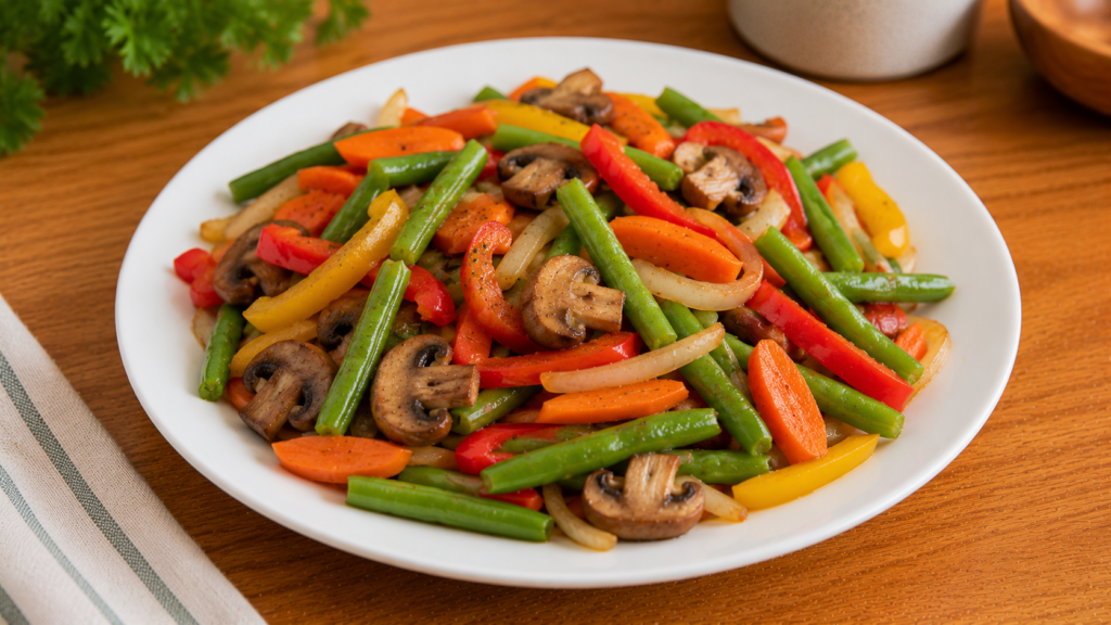 Garden vegetable sauté plate filled with colorful seasonal vegetables and fresh herbs on a white plate on a wooden countertop.