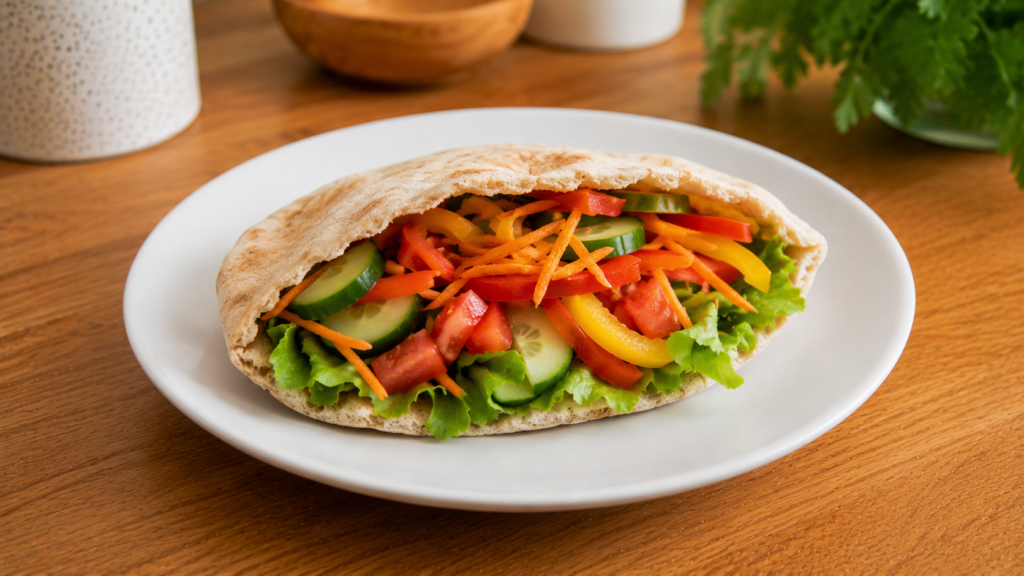 Garden veggie pita pocket filled with lettuce, cucumbers, tomatoes, shredded carrots, and fresh vegetables on a wooden countertop.