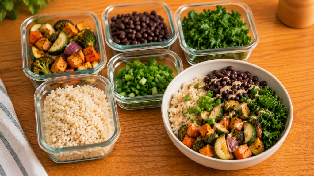 Assorted leftover vegetables, grains, and beans arranged on a countertop ready to be transformed into a new meal.