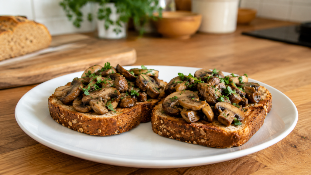 Savory mushroom breakfast toast topped with sautéed mushrooms and fresh herbs on a slice of toasted bread on a wooden countertop.