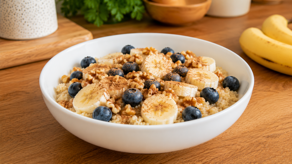 Simple breakfast couscous bowl topped with fresh fruit and chopped nuts in a white bowl on a wooden countertop.