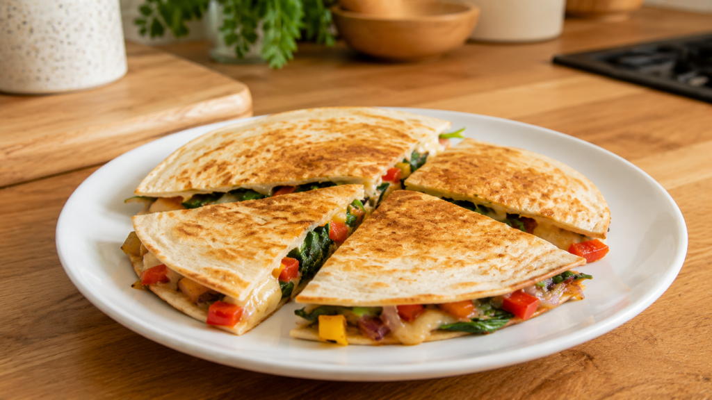 Veggie breakfast quesadilla filled with colorful vegetables and cut into wedges on a white plate on a wooden countertop.