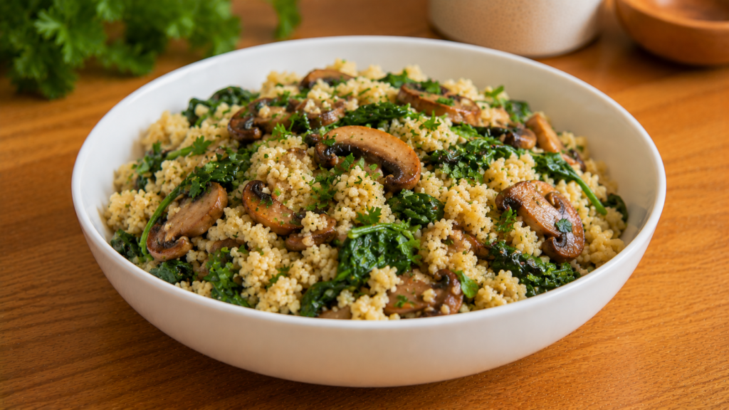 Warm mushroom and spinach couscous served in a white bowl with mushrooms, spinach, and fresh herbs on a wooden countertop.