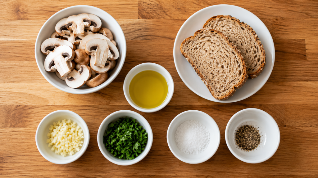 Ingredients for savory mushroom breakfast toast including mushrooms, bread, olive oil, garlic, parsley, salt, and black pepper arranged on a wooden countertop.