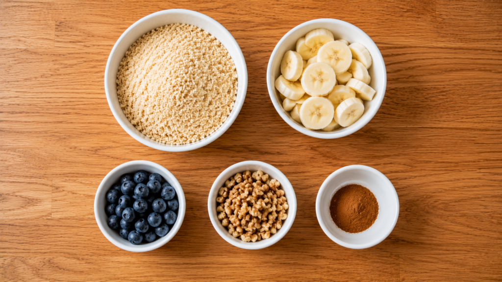 Ingredients for a simple breakfast couscous bowl including couscous, fresh fruit, chopped nuts, cinnamon, and plant-based milk arranged on a wooden countertop.