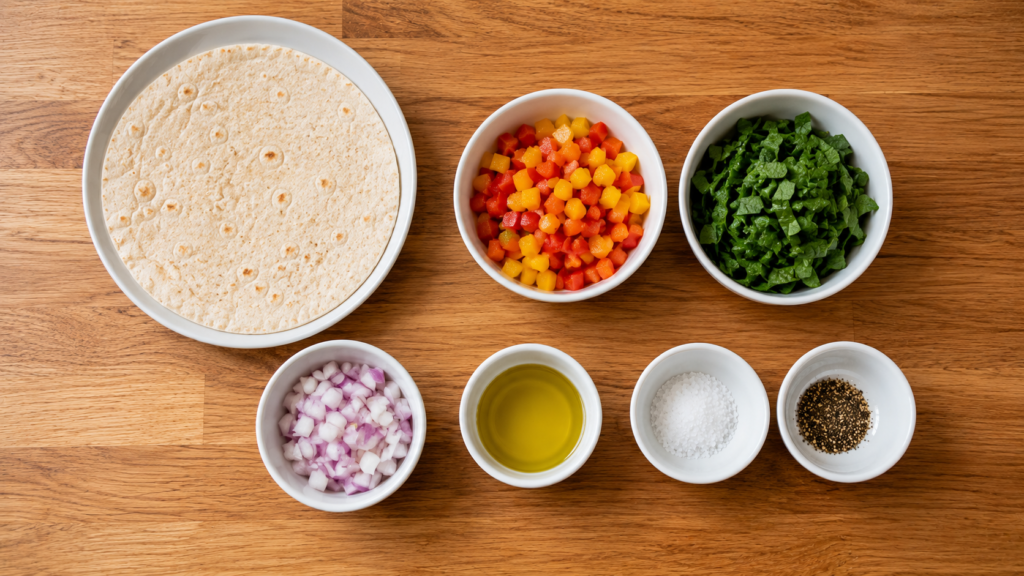 Ingredients for a veggie breakfast quesadilla including tortilla, bell peppers, spinach, onion, and seasonings arranged on a wooden countertop.