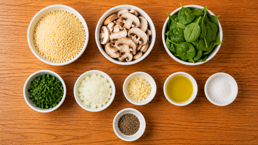 Mushrooms, spinach, couscous, and fresh herbs arranged on a wooden countertop.