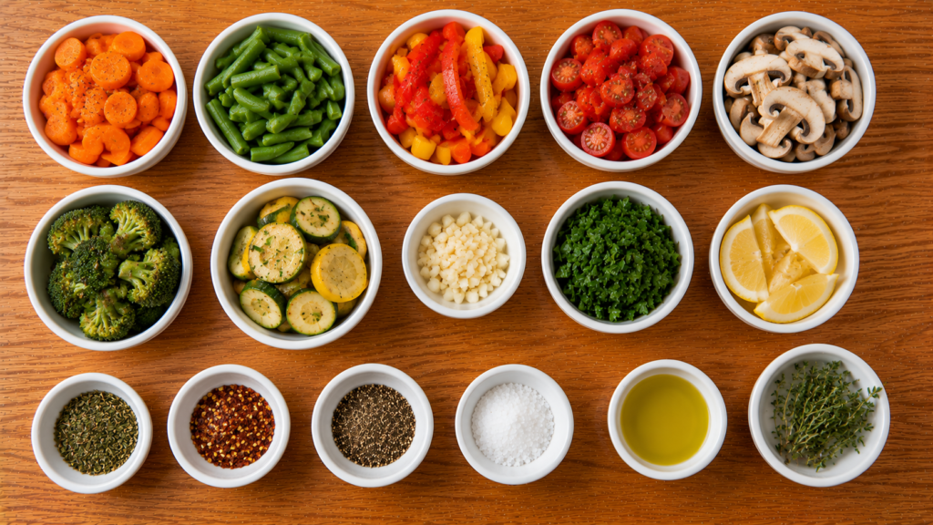 Fresh vegetables, herbs, spices, and simple toppings arranged on a wooden countertop.