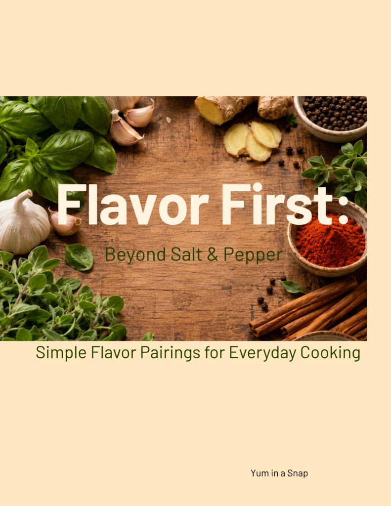 Flavor First Beyond Salt and Pepper eBook cover featuring herbs, spices, garlic, basil, and seasoning ideas for everyday cooking.