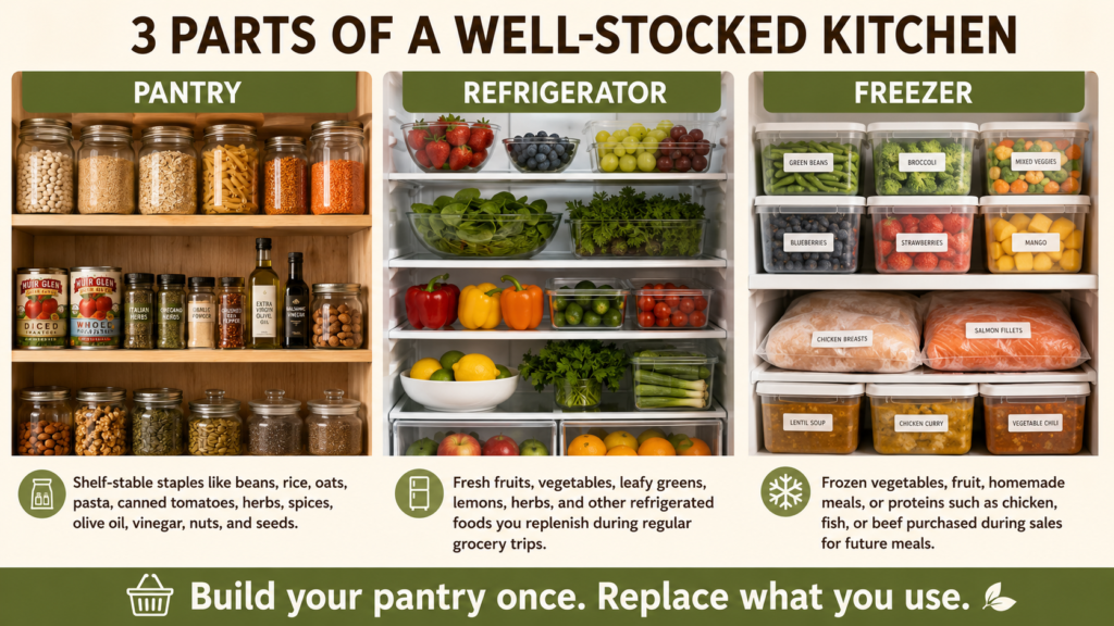 Educational guide showing how the pantry, refrigerator, and freezer work together to support everyday meal planning.