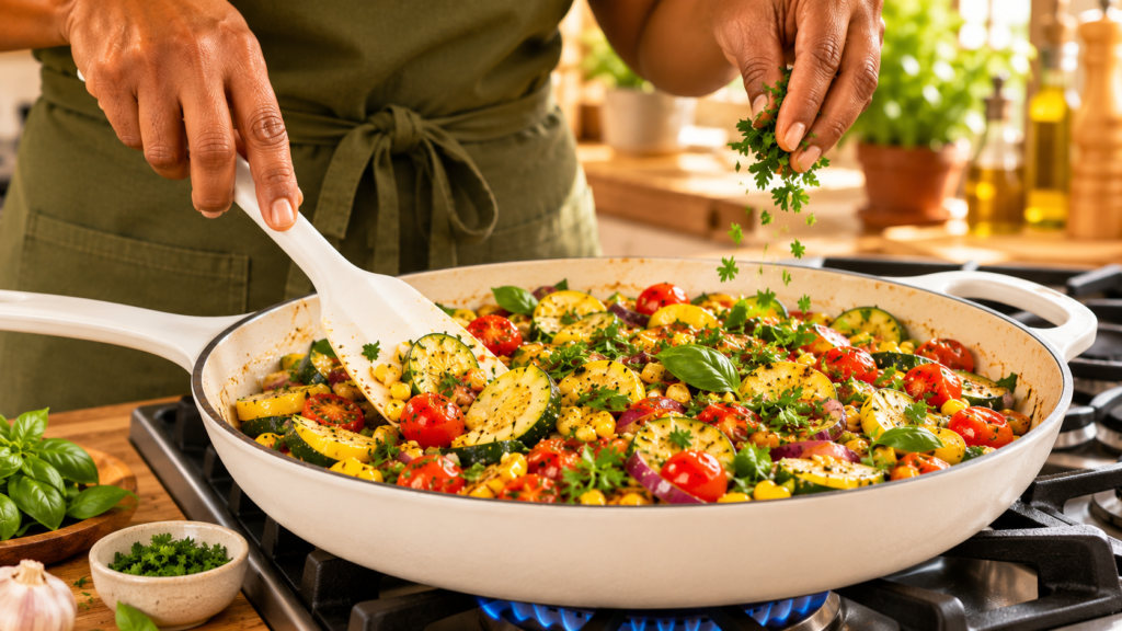 Yum stirring fresh summer vegetables with garlic and herbs in a white skillet.