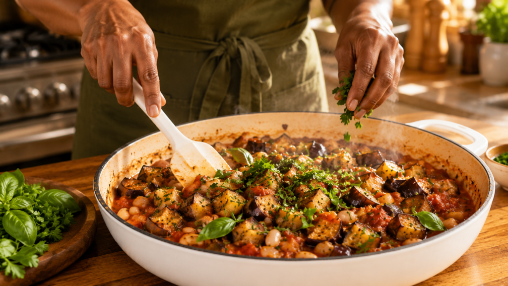 Yum stirring roasted eggplant and white beans in a skillet with garlic, onions, and herbs.