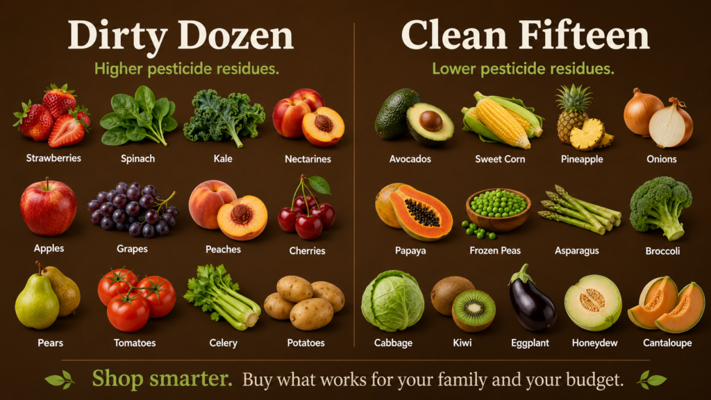 Educational comparison explaining the Dirty Dozen and Clean Fifteen produce shopping guides.