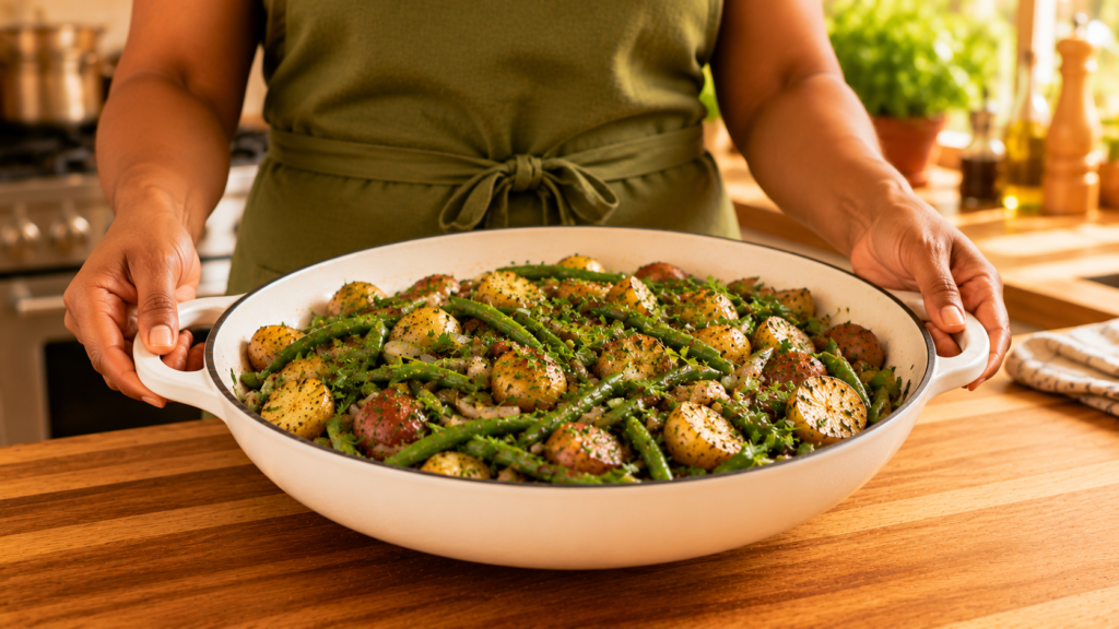 Yum presents potatoes and green beans with garlic and herbs in a white skillet.
