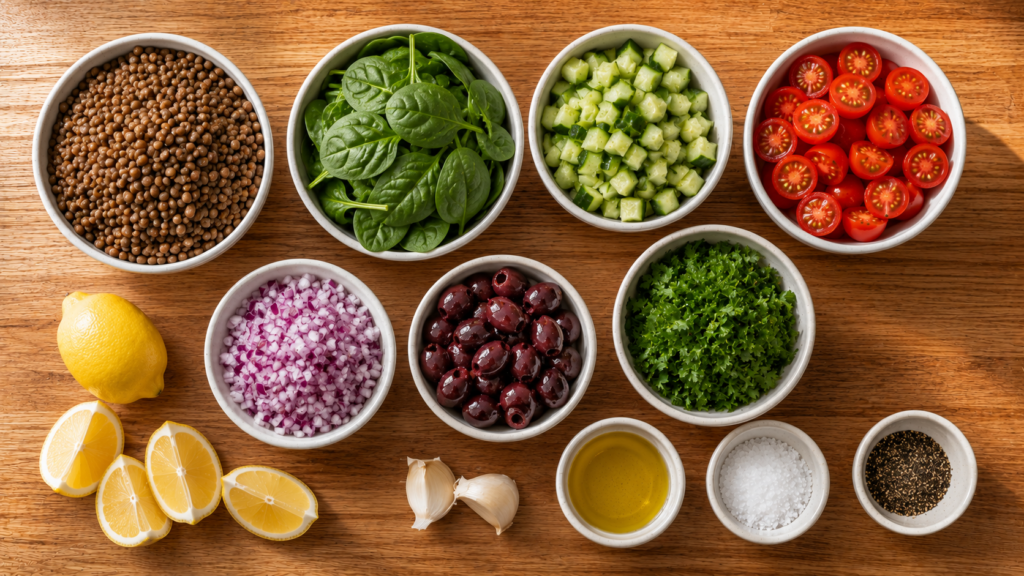 Mediterranean Lentil Lunch Bowl ingredients arranged in white bowls with brown lentils, spinach, cucumber, cherry tomatoes, red onion, Kalamata olives, parsley, lemon, and olive oil.