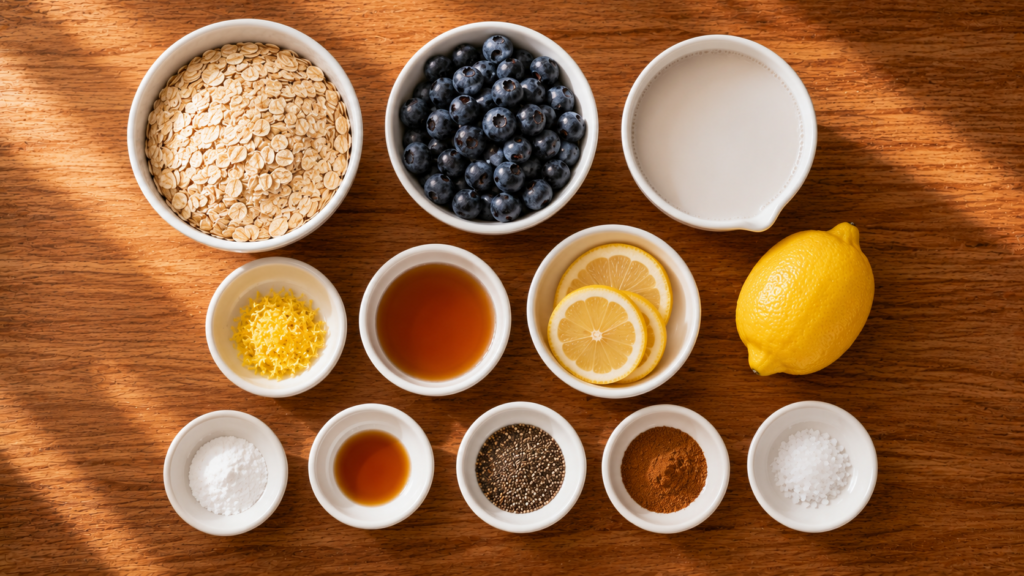 Ingredients arranged for Blueberry Lemon Baked Oatmeal.