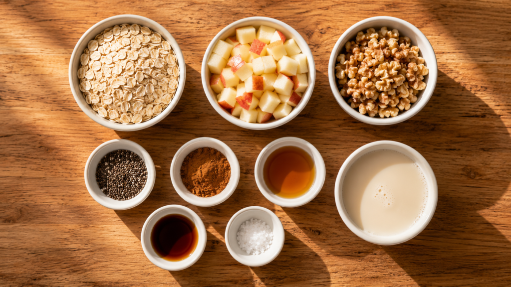 Ingredients arranged for cinnamon apple walnut overnight oats.