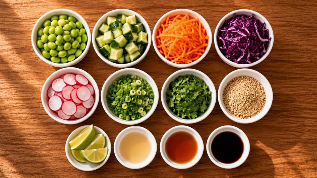 Fresh ingredients for a cucumber edamame power salad arranged neatly on a wooden countertop.