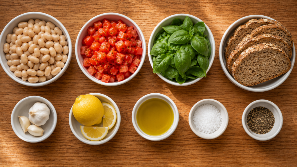 Ingredients for Fresh Tomato Basil White Bean Bruschetta arranged on a wooden countertop, including cannellini beans, tomatoes, basil, garlic, lemon, olive oil, and whole-grain bread.