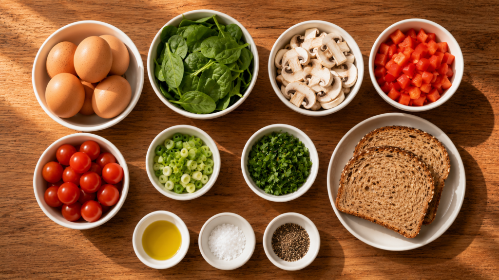 Fresh ingredients for a vegetable breakfast scramble arranged on a wooden countertop.