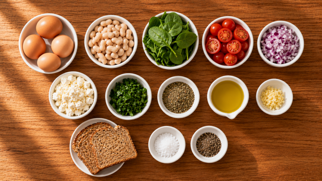 Fresh ingredients for a Mediterranean breakfast skillet arranged on a wooden countertop.