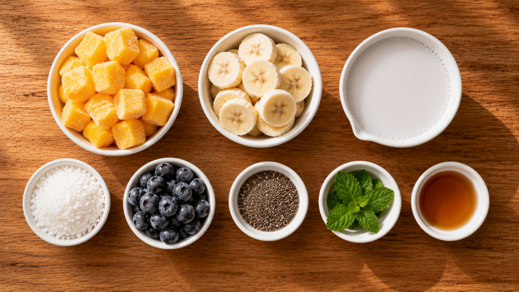 Ingredients for a tropical mango coconut smoothie bowl arranged on a wooden countertop.