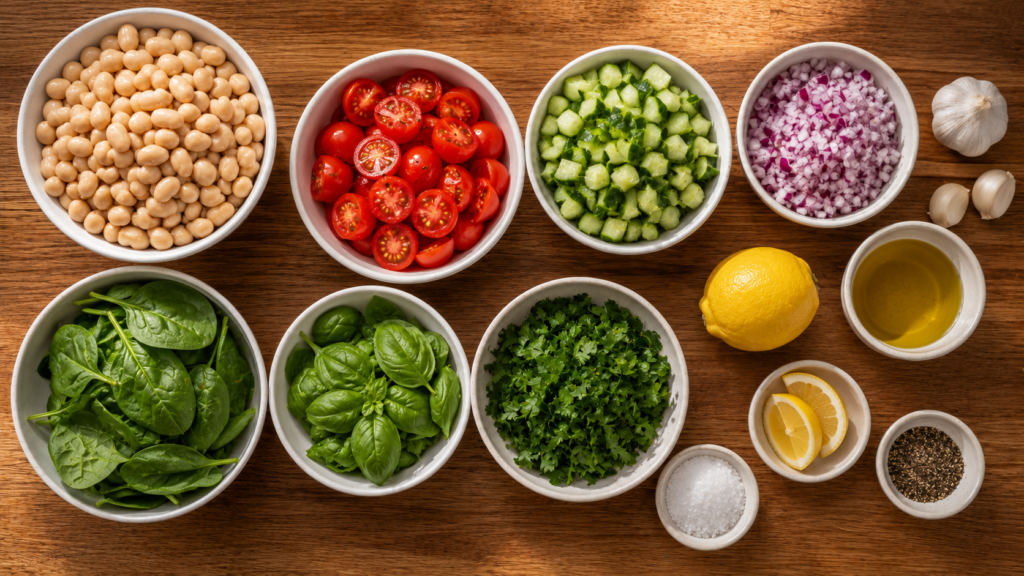 Ingredients for Tuscan White Bean Salad arranged in white bowls.