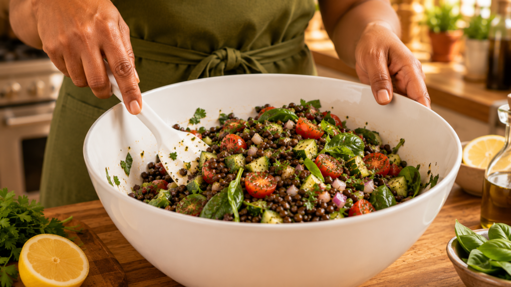 Yum tossing black lentils with fresh vegetables and herbs in a white mixing bowl.