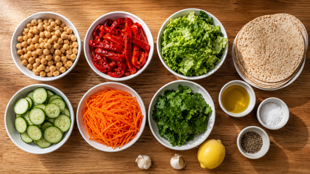Ingredients for Roasted Red Pepper Chickpea Wrap arranged in small white bowls.