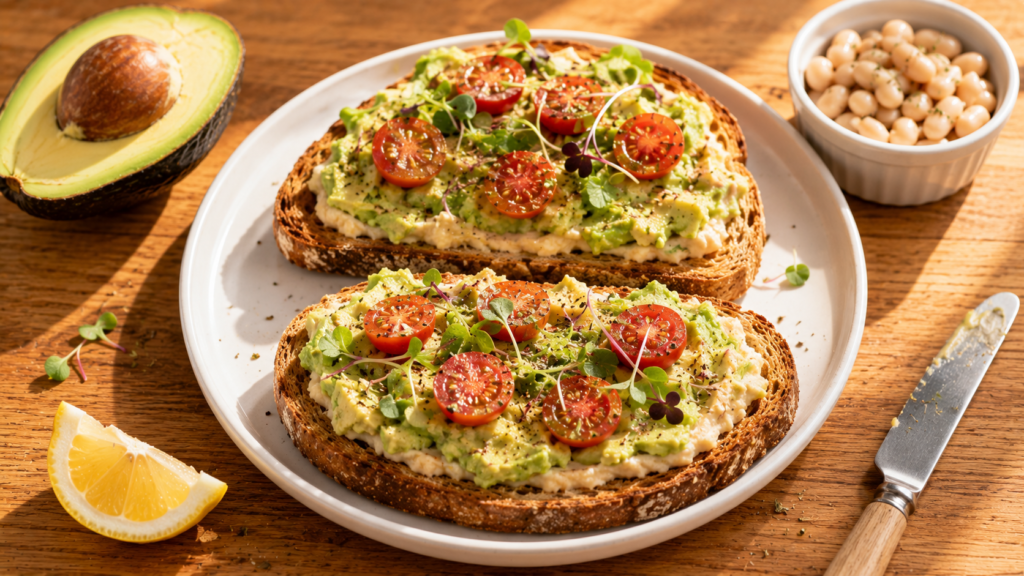 Whole grain breakfast toast topped with creamy avocado, mashed white beans, cherry tomatoes, basil, and microgreens.