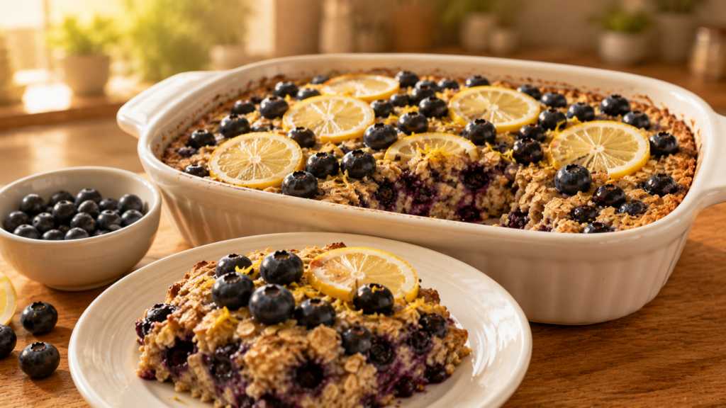 Blueberry Lemon Baked Oatmeal served on a white breakfast plate.