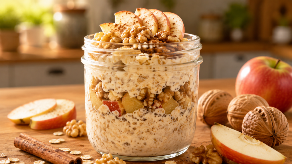 Glass jar filled with cinnamon apple walnut overnight oats on a wooden kitchen countertop.