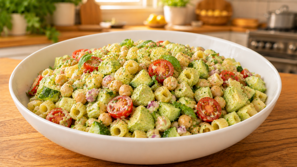 A bowl of creamy avocado chickpea pasta salad with fresh vegetables and herbs.