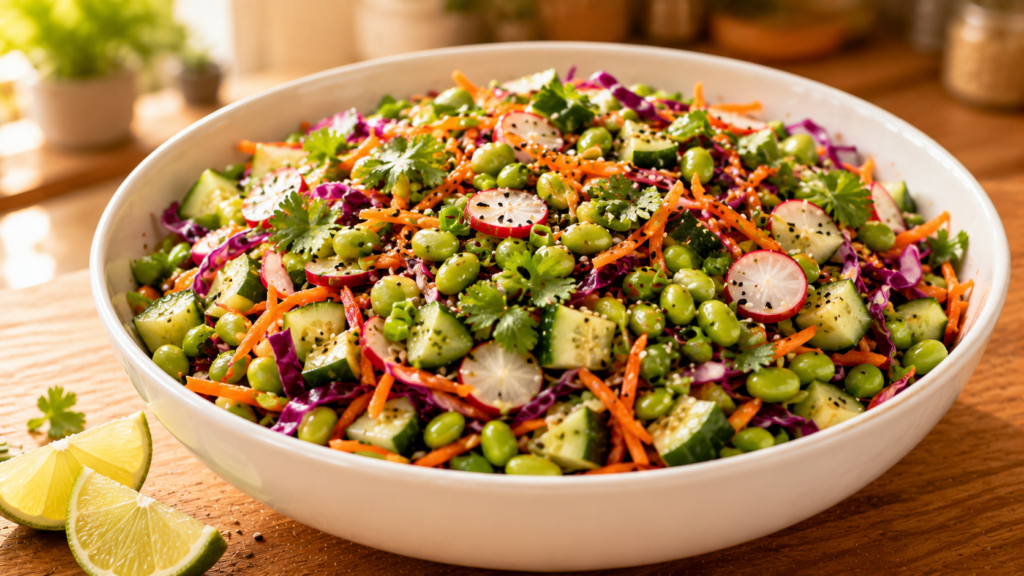 Fresh cucumber edamame power salad in a white serving bowl.