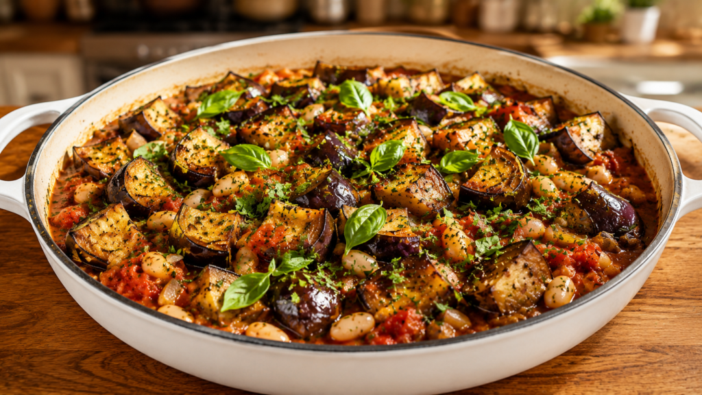White skillet filled with roasted eggplant, cannellini beans, garlic, onions, and tomato herb sauce.