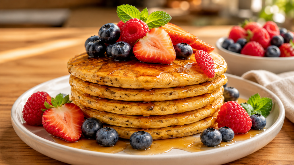 Stack of fresh berry chickpea pancakes topped with blueberries, strawberries, raspberries, and maple syrup on a white plate.