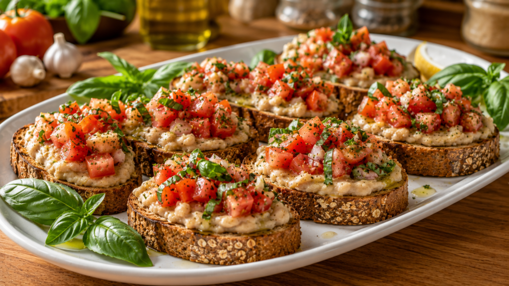 Fresh Tomato Basil White Bean Bruschetta on toasted whole-grain bread with tomatoes, basil, and white beans.