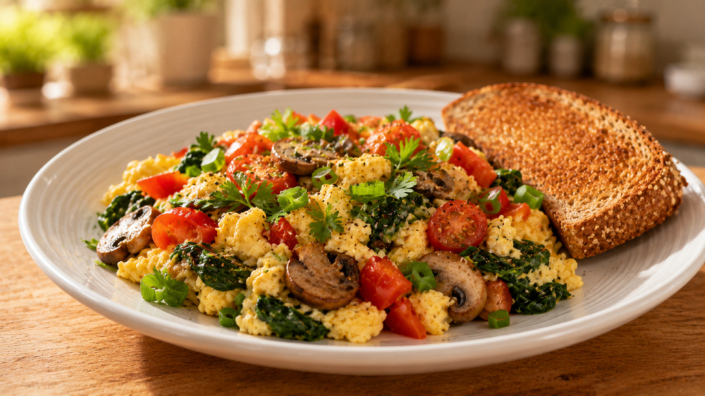 Garden veggie breakfast scramble served with whole-grain toast.