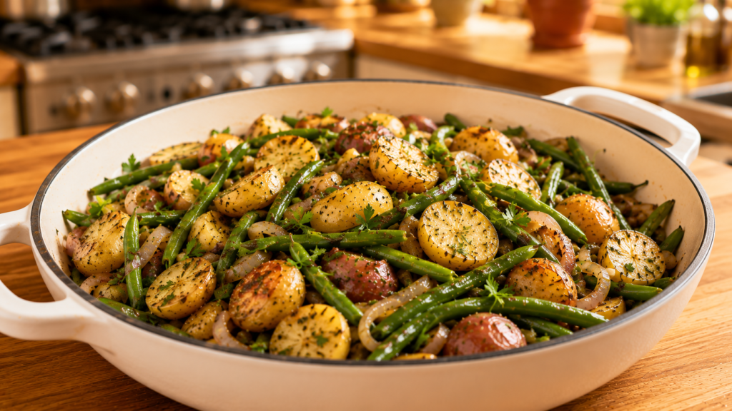 White skillet filled with baby potatoes, green beans, garlic, onions, and fresh herbs.