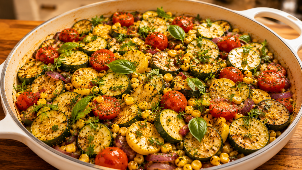White skillet filled with zucchini, yellow squash, corn, tomatoes, garlic, and fresh herbs.