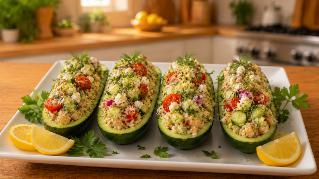 Greek Chickpea Stuffed Cucumbers filled with a creamy chickpea mixture, fresh vegetables, herbs, and lemon.