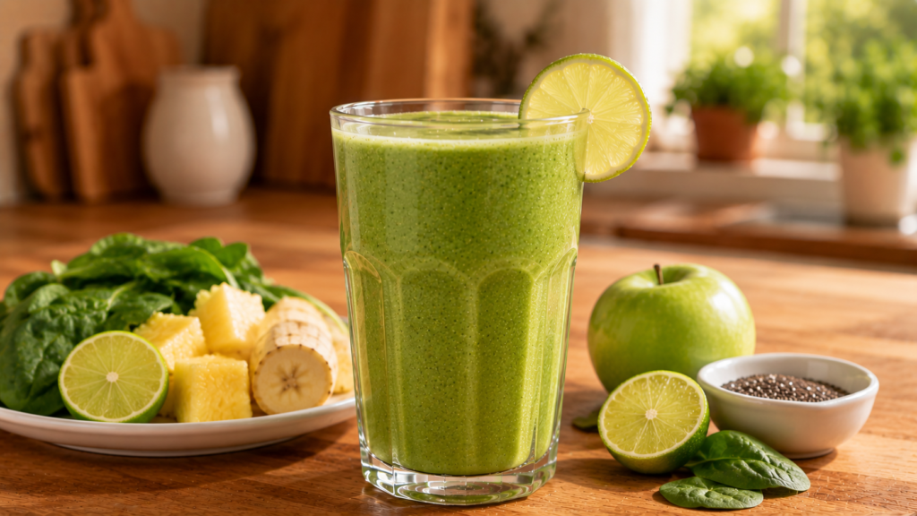 Green Goddess Breakfast Smoothie in a clear glass garnished with lime, spinach, and fresh pineapple on a wooden countertop.
