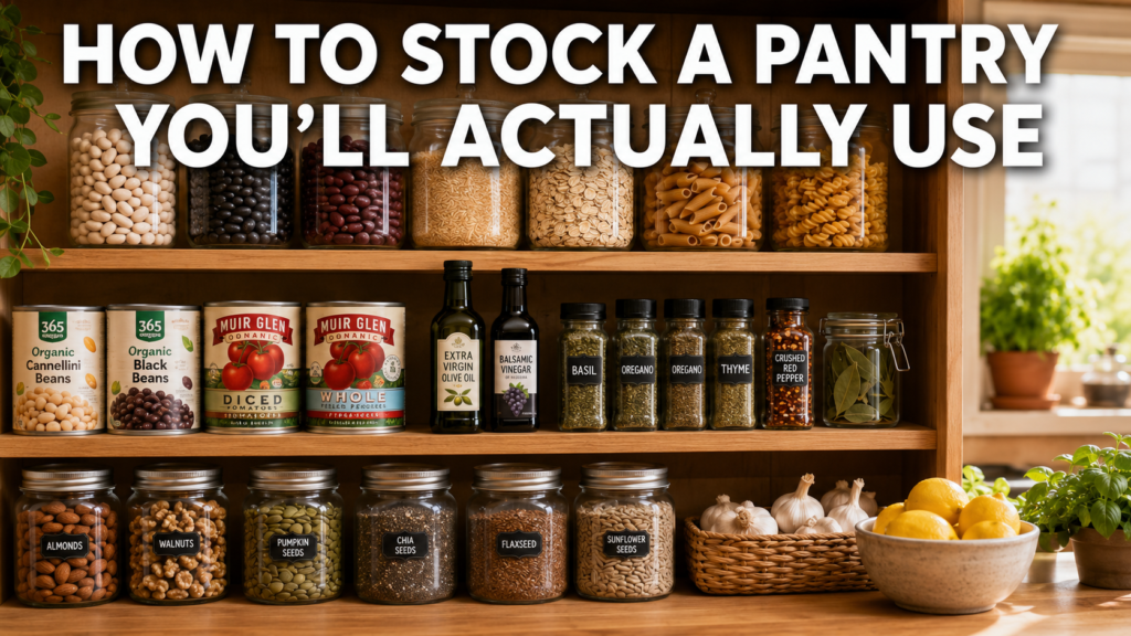 Organized pantry filled with practical everyday pantry staples used for simple meal planning.