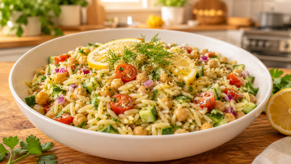 A colorful bowl of lemon herb chickpea orzo salad with fresh vegetables and herbs.