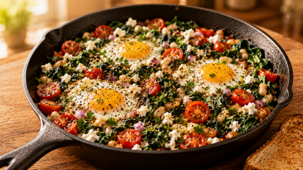 Mediterranean breakfast skillet with eggs, white beans, spinach, tomatoes, and herbs.
